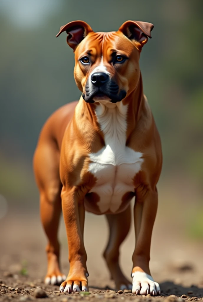 create a pitbull mix breed, um amstaff com vira-lata, caramel colored with a white stripe on the chest 