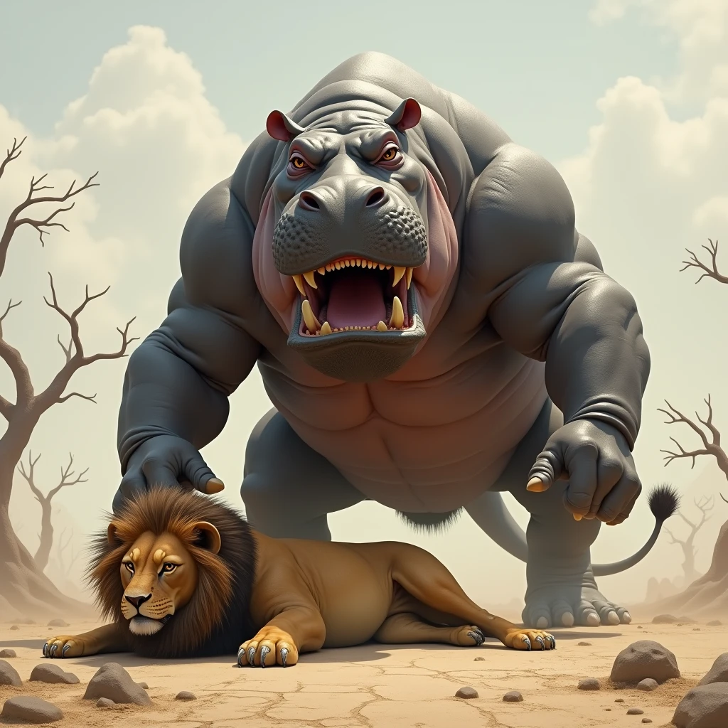 Hipopotamo standing on a dead lion that it thought