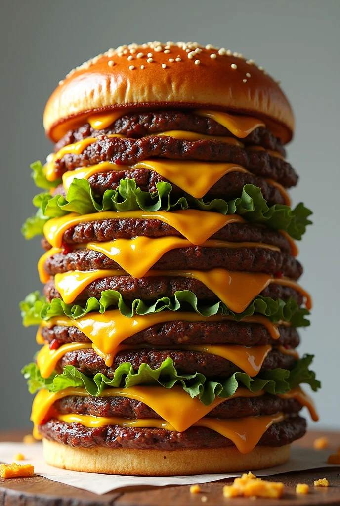 (photorealism:1.2), a large juicy burger with 12 patties garlic butter, mozzarella cheese, cheddar cheese, lettuce,