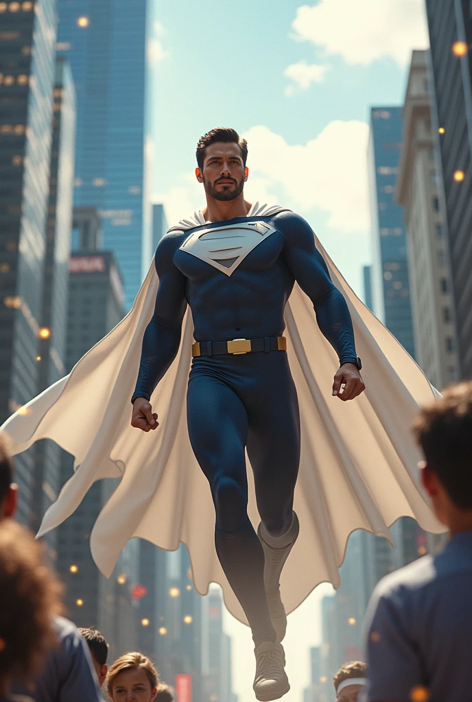 create male hero white cape helping people