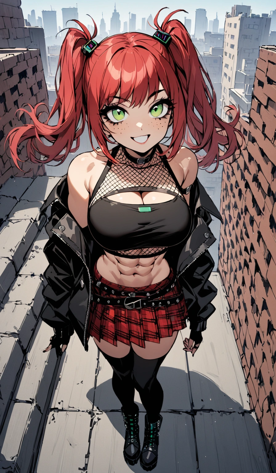 woman, grin, curly red hair in pig tails, green eyes, black eyeshadow, wearing crop top black shirt, long black jacket, red plaid skirt, black knee high boots, black fingerless gloves, exposed shoulders, large breasts, freckles, abs, cleavage, looking up at viewer, masterpiece, best quality, Holo-Punk Style, on a rooftop, make up, eyelashes, fish net undershirt, fish net stockings, (full body)
