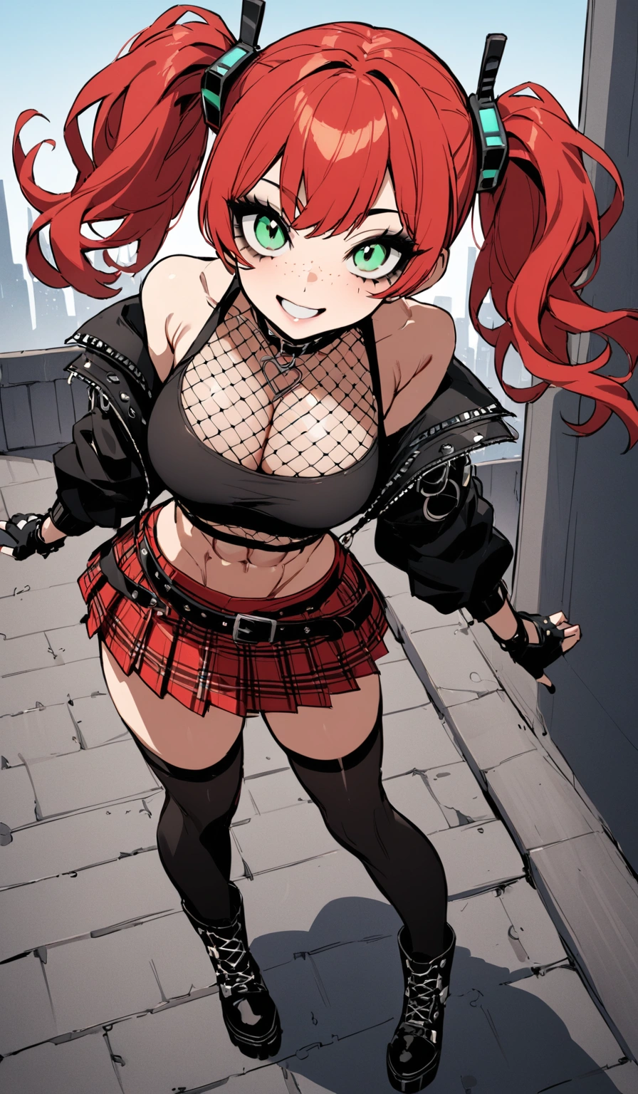 woman, grin, curly red hair in pig tails, green eyes, black eyeshadow, wearing crop top black shirt, long black jacket, red plaid skirt, black knee high boots, black fingerless gloves, exposed shoulders, large breasts, freckles, abs, cleavage, looking up at viewer, masterpiece, best quality, Holo-Punk Style, on a rooftop, make up, eyelashes, fish net undershirt, fish net stockings, (full body)