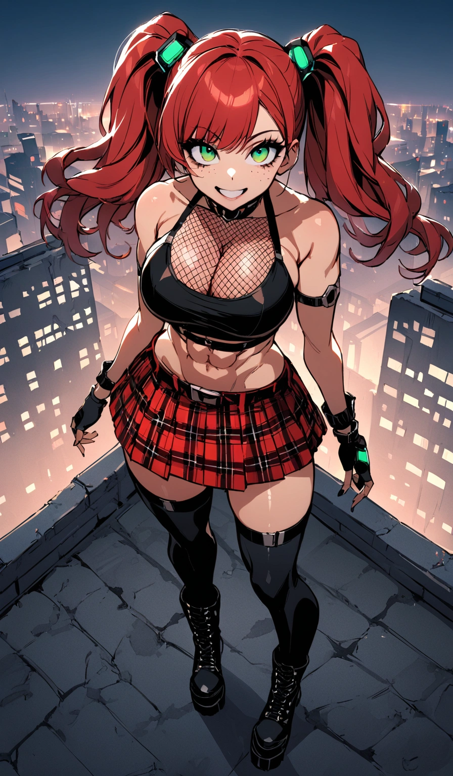 woman, grin, curly red hair in pig tails, green eyes, black eyeshadow, wearing crop top black shirt, long black jacket, red plaid skirt, black knee high boots, black fingerless gloves, exposed shoulders, large breasts, freckles, abs, cleavage, looking up at viewer, masterpiece, best quality, Holo-Punk Style, on a rooftop, make up, eyelashes, fish net undershirt, fish net stockings, (full body)