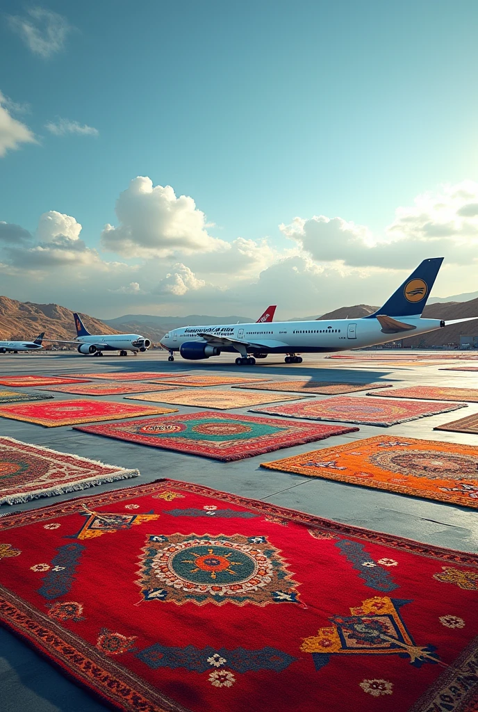 Airport with parked airplanes view filled with rugs