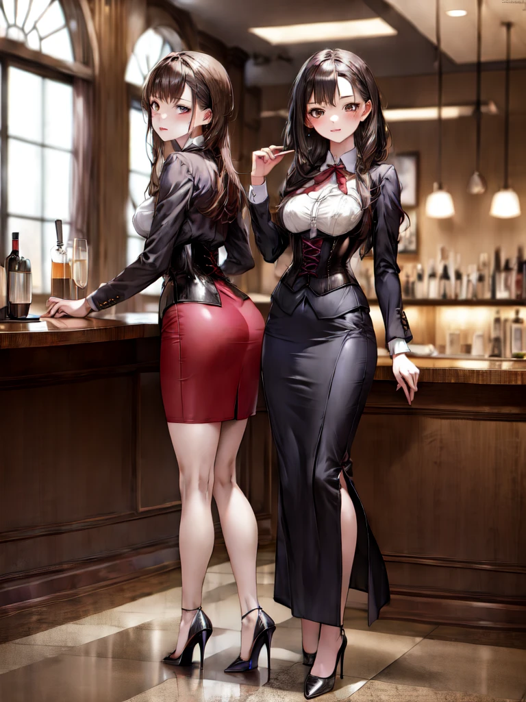 (masterpiece, best quality, highest quality, Masterpiece, 8k:1.5), (kawaii:1.2), ((Full Body Shot,Including face,1girl)), ((Focus on the face,Symmetrical facial features)), Beautiful woman, (slender), ((High heels)), Detailed depiction of the face, Cafe,bar, (Red checked skirt,corset,clerk,uniform),Inside the store,Window Cleaning, (multiple:-1.2),