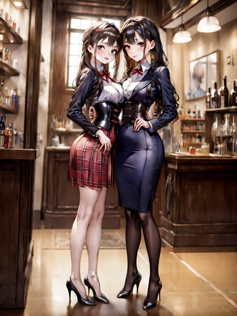 (masterpiece, best quality, highest quality, Masterpiece, 8k:1.5), (kawaii:1.2), ((Full Body Shot,Including face,1girl)), ((Focus on the face,Symmetrical facial features)), Beautiful woman, (slender), ((High heels)), Detailed depiction of the face, Cafe,bar, (Red checked skirt,corset,clerk,uniform),Inside the store,Window Cleaning, (multiple:-1.2),