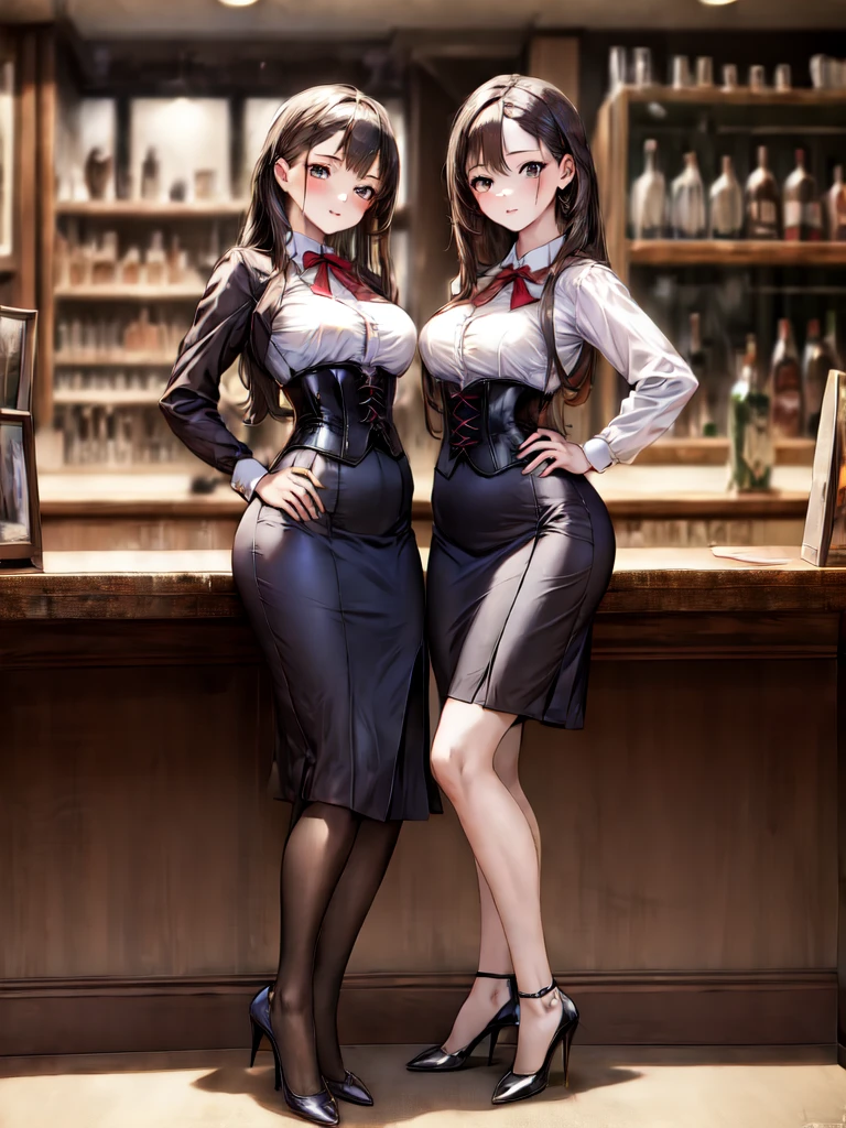 (masterpiece, best quality, highest quality, Masterpiece, 8k:1.5), (kawaii:1.2), (Full Body Shot,Including face,1girl,Focus on the face,Symmetrical facial features), Beautiful woman, (slender), ((High heels)), Detailed depiction of the face, Black Eyes,Cafe,bar, (Red checked skirt,corset,clerk,uniform),Inside the store,Window Cleaning, (multiple:-1.2),