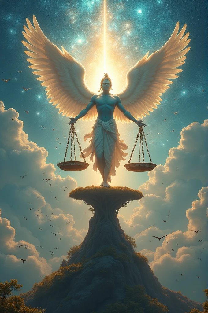 There is a huge background behind in which a man with wings is flying. There is a scale in front. There are three people on one side of the scale. It is the world of Brahma Vishnu Mahesh. On one side there is an empty picture of the scale and behind there is a very beautiful background with many souls flying with wings.