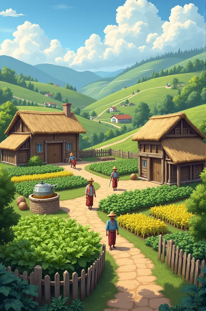 a beautiful village with farming people