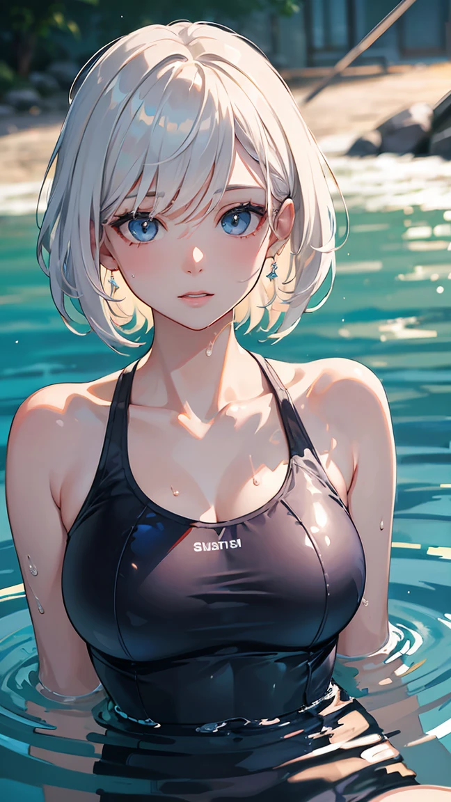 white hair, hair behind ear, Impressionism, ray tracing, backlighting, masterpiece, accurate, textured skin, high details, high quality, highres, super detail, 1080P, detailed face, detailed eyes, Woman swimming in sea, one-piece swimsuit, Splashing water, outdoors, sunny midsummer