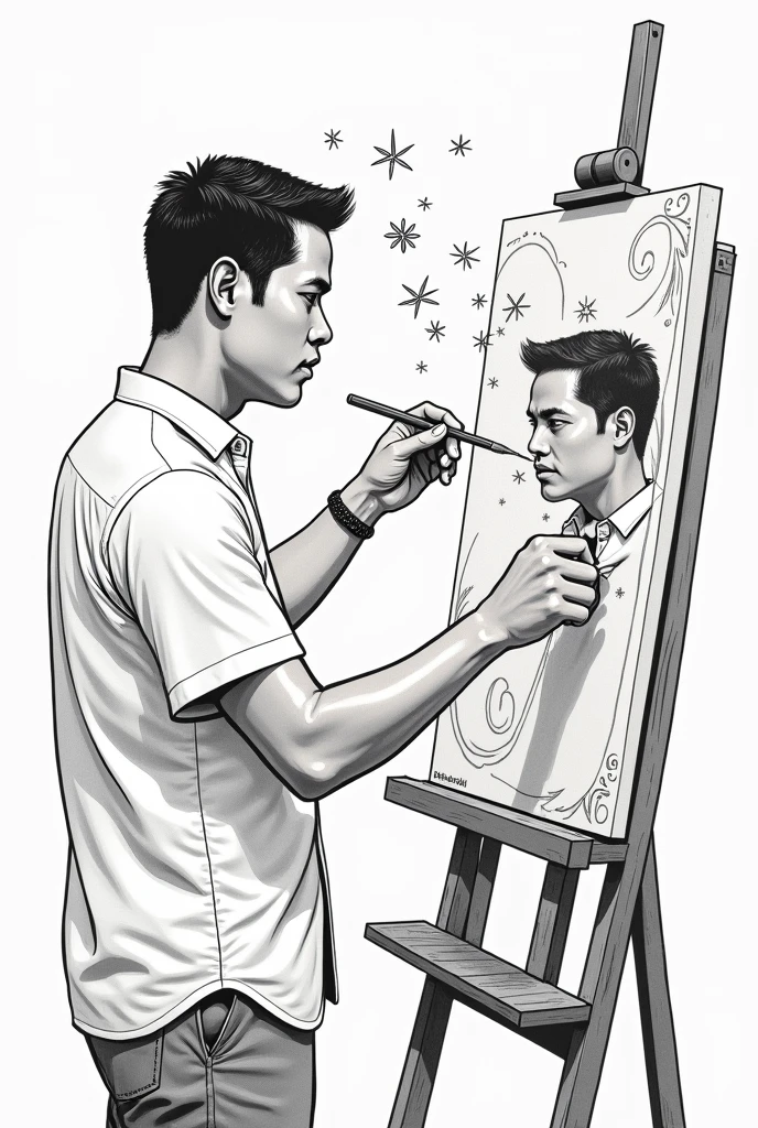 Make a line art of a filipino man wearing barong tagalog painting himself in the canvas, mirror of himself make it half body, dedication, culture, ideas coming out of him, burning passion , culture of the philippines
