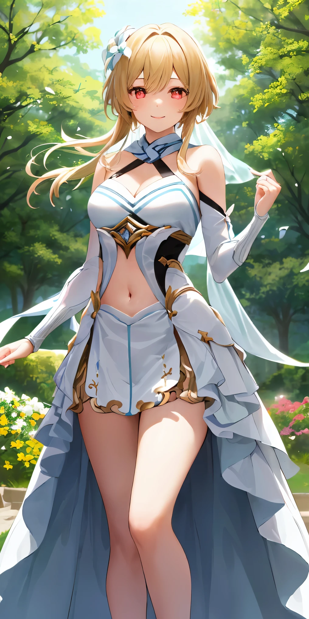 one person's, alone, Luminedef, Cleavage, (Glowing red eyes)
break (Center opening, belly button, abdomen, skirt, Removable sleeves:1.2),
break (Are standing: 1.7), blush, Embarrassing, big, smile,
break ball gown, In the tree garden, Wedding decorations,
break ((最high quality, 8k, masterpiece: 1.3, Ultra HD, high quality, 最high quality, High resolution, realism)), Sharp focus: 1.5, Beautiful woman with slim body, (Perfect hands, Perfect Anatomy),
