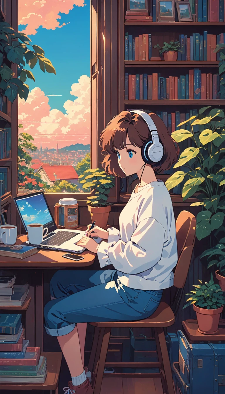 alone, lofi artstyle, lofi art, city, town, 80s anime style, Retro, Lo-Fi, masterpiece, best quality, (extremely detailed CG unity 8k wallpaper), (best quality), (best illustration), (best shadow), absurdres, realistic lighting, (Abyss), beautiful detailed reglow, 1girl, blinds, blue eyes, book, bookshelf, brown hair, chair, cloud, computer, cup, day, denim, desk, headphones, indoors, laptop, long sleeves, mug, phone, plant, potted plant, shirt, short hair, shorts, sitting, sky, solo, white shirt, window
