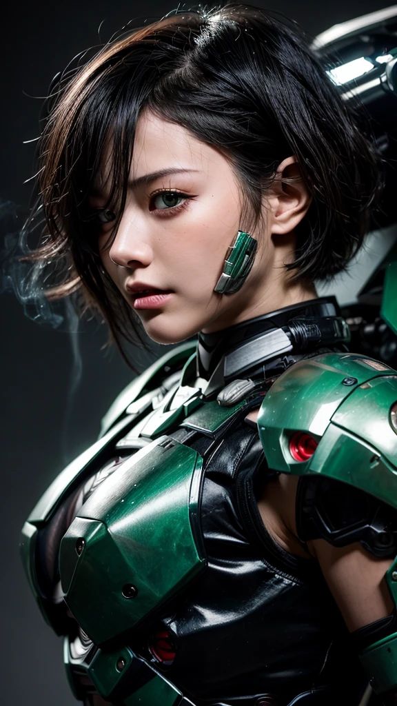 Textured skin, Very detailed, Attention to detail, high quality, 最high quality, High resolution, 1080P, hard disk, beautiful,(War Machine),beautifulサイボーグ女性,Mecha Cyborg Girl,BATTLE MODE,Girl with a mechanical body Black Hair Short Hair Boyish Green Armor Soaked Face liberation Met Off Overall image Smoke blows out from the body I can see the vagina
