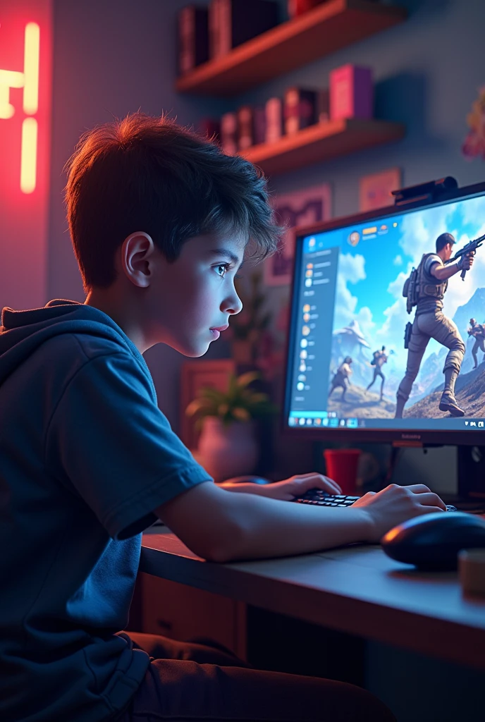 Cut to a boy with a computer in front of him and playing free Fire games on the computer and looking at me and talking and his room is a gaming room. 