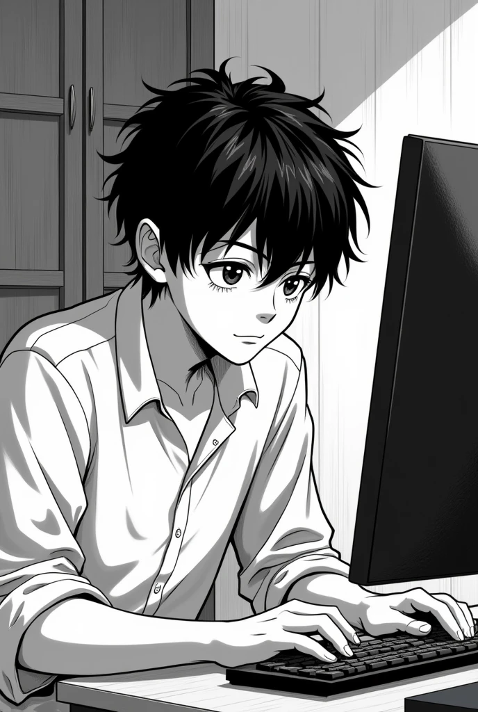 handsome  boy with very thick black hair in manga style (black and white style) he plays on the computer in his room