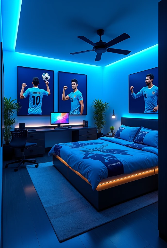 I want a modern bedroom blue lights and theme and sunil chettri celebrating posters on walls of room and blue themed gaming setup. Bedsheet sunil chettri pics in india national football club jersey. I want setup view also. Sunil chettri is celebration posters also