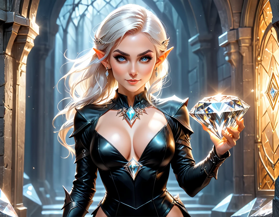 a picture of an elf thief holding an epic diamond in a vault, a female elf thief, full body, small pointy ears, dynamic hair color, dynamic hair style, pale skin, ultra detailed face, wearing black leather leotard, busty, small cleavage, high heel boots, she is happy for reaching her goal, success,  holding an epic sized (diamond: 1.3), brilliant diamond, many facets, diamond, fantasy safe background, torchlight,  vibrant, Ultra-high resolution, High Contrast, (masterpiece:1.5), highest quality, Best aesthetics), best details, best quality, highres, 16k, [ultra detailed], masterpiece, best quality, (extremely detailed) RAW, (ultra details, Masterpiece, best quality), diamondWM