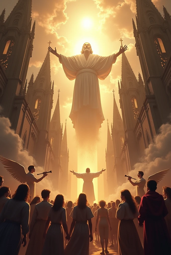 Create an image with the cathedral in the background being the final judgment God appears and everyone is afraid and other happy angels begin to play the trumpet