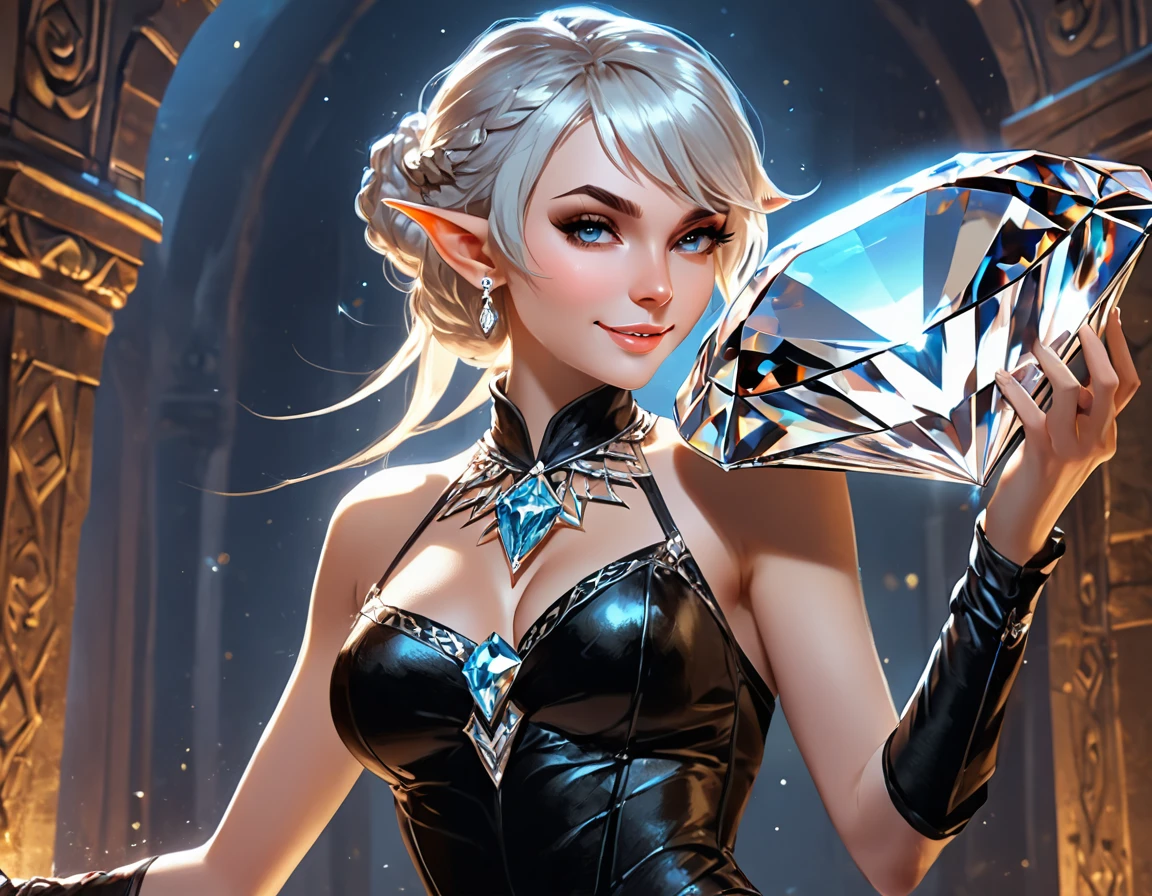 a picture of an elf thief holding an epic diamond in a vault, a female elf thief, full body, small pointy ears, dynamic hair color, dynamic hair style, pale skin, ultra detailed face, wearing black leather leotard, , small cleavh heel boots, she is happy for reaching her goal, success,  holding an epic sized (diamond: 1.3), brilliant diamond, many facets, diamond, fantasy safe background, torchlight,  vibrant, Ultra-high resolution, High Contrast, (masterpiece:1.5), highest quality, Best aesthetics), best details, best quality, highres, 16k, [ultra detailed], masterpiece, best quality, (extremely detailed) RAW, (ultra details, Masterpiece, best quality), diamondWM