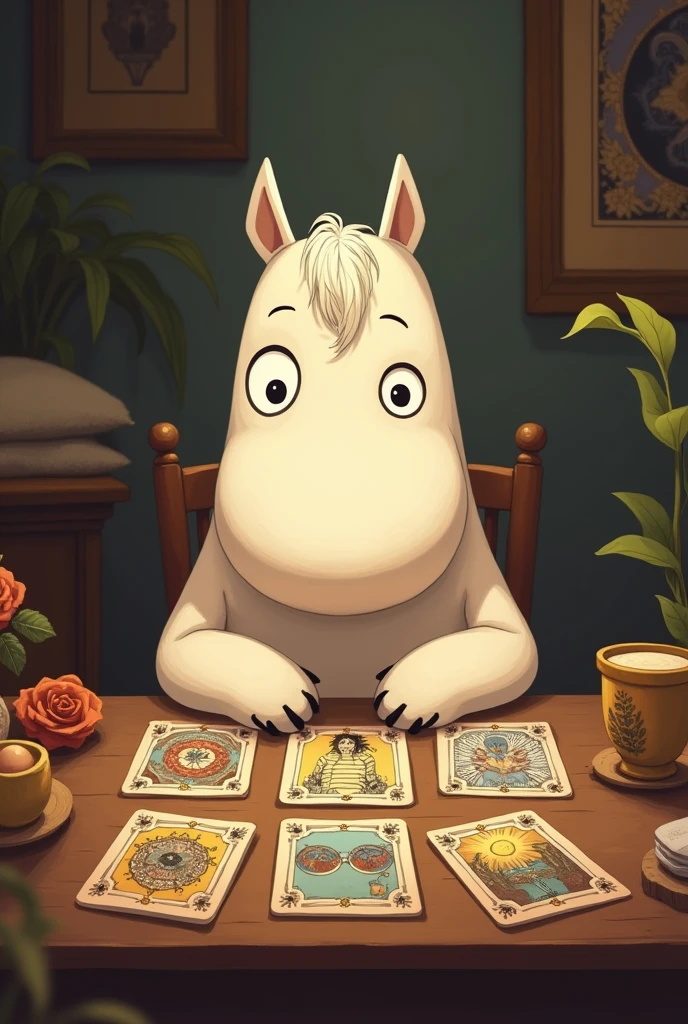 Female Moomin character reading tarot at a table with real cards