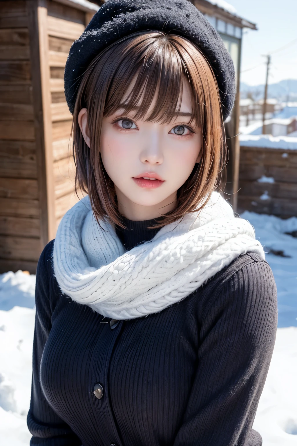 (masterpiece, Highest quality),One Girl, solo, Black-haired, scarf, hat, Realistic, Realistic, Looking at the audience, Light-coloured black eyes, Short brunette bob hair, Brown coat, Winter clothes, White headscarf, Lips, Bans, Plein Air, Mouth closed, Upper body、Big eyes、Eyelashes、((Beautiful landscape with sparkling snow))、(((Short bob hair with bangs、Shiny Hair、Big eyes、large full chest、Intensely accentuates the eyes、Staring at the audience、Beautiful beauty、Listen carefully、Long neck、Smile a little、Please close your mouth and laugh、Ideal body proportions)))、{huge|big|hugeな|Mega} chest:2, chestの谷間:2
