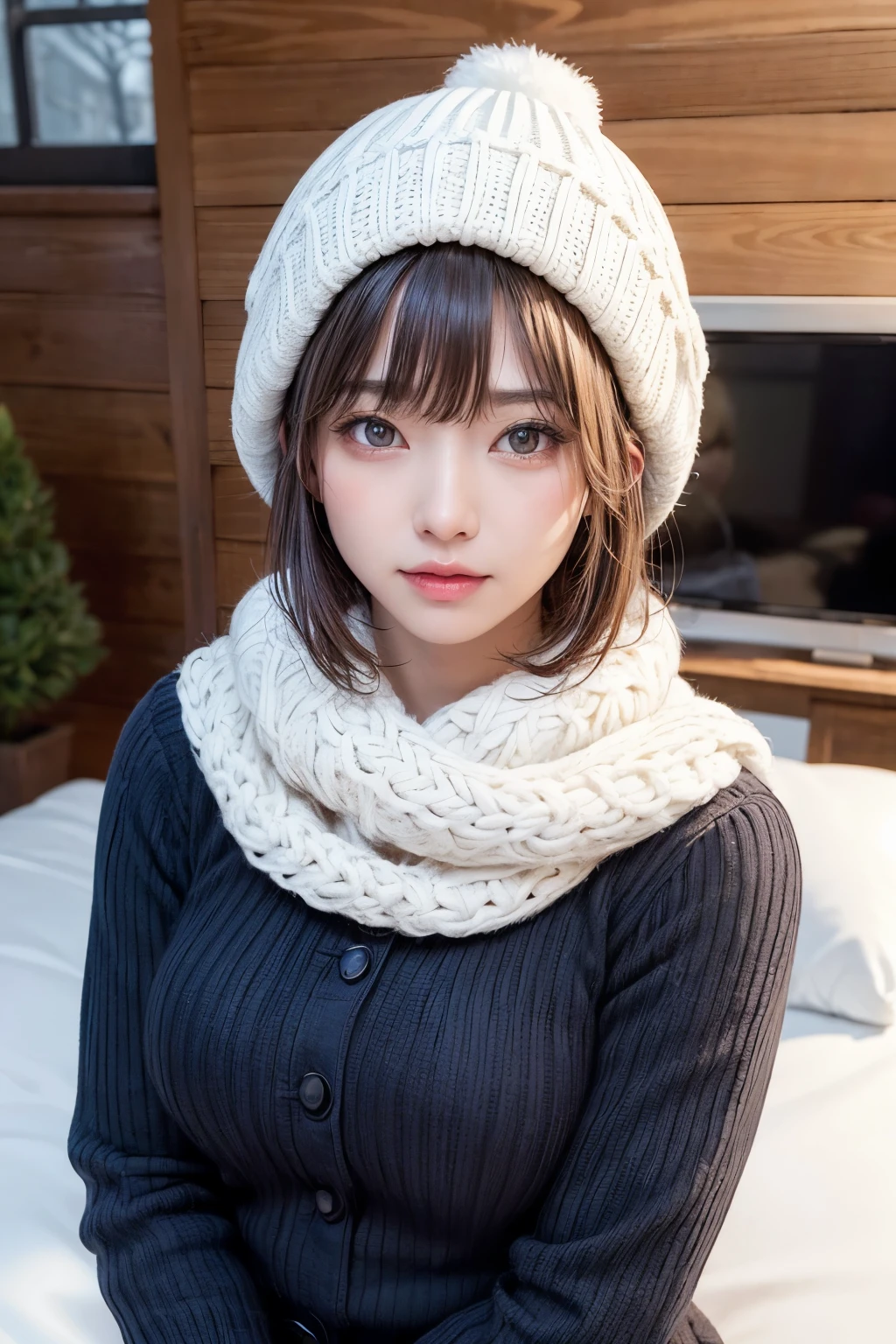 (masterpiece, Highest quality),One Girl, solo, Black-haired, scarf, hat, Realistic, Realistic, Looking at the audience, Light-coloured black eyes, Short brunette bob hair, Brown coat, Winter clothes, White headscarf, Lips, Bans, Plein Air, Mouth closed, Upper body、Big eyes、Eyelashes、((Beautiful landscape with sparkling snow))、(((Short bob hair with bangs、Shiny Hair、Big eyes、large full chest、Intensely accentuates the eyes、Staring at the audience、Beautiful beauty、Listen carefully、Long neck、Smile a little、Please close your mouth and laugh、Ideal body proportions)))、{huge|big|hugeな|Mega} chest:2, chestの谷間:2