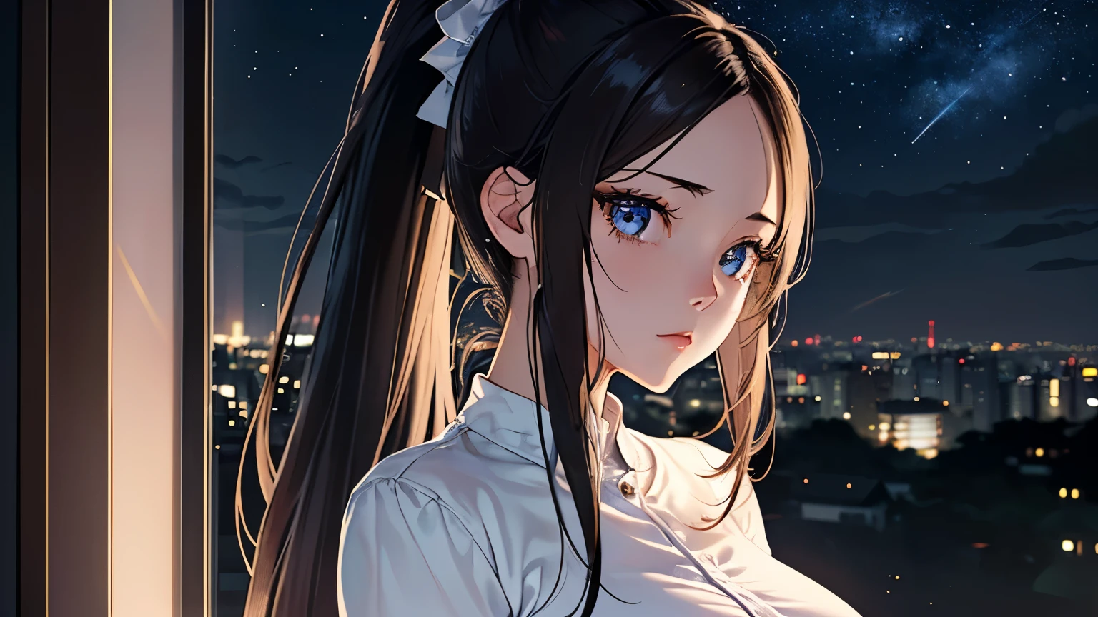 (Excellent: 1.2), (Highest Quality: 1.2), (Very Detailed: 1.2), (A girl standing in front of a window looking at the sky, brunette, medium hair, ponytail, long sleeves, miniskirt), (((Very detailed eyes and face))), ), (Upper body, right side of screen), (Night, starry sky, night view, Tokyo), (Big breasts)