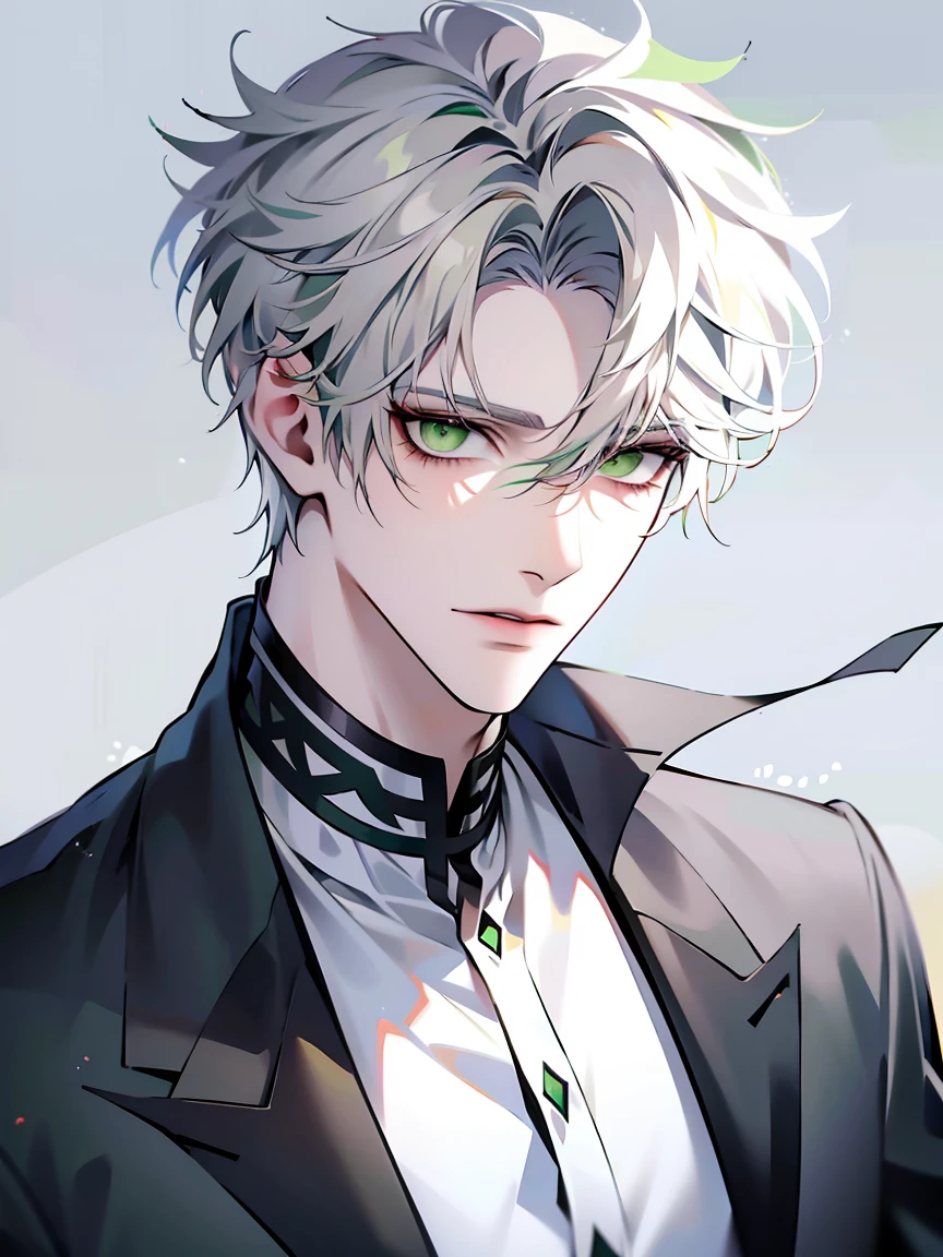 white hair,white hair,man,male,boy,short cut,green eyes,Green eyeshadow,Cat Prize,sharp eyes,Green and black mixed clothes,Green thread on head
