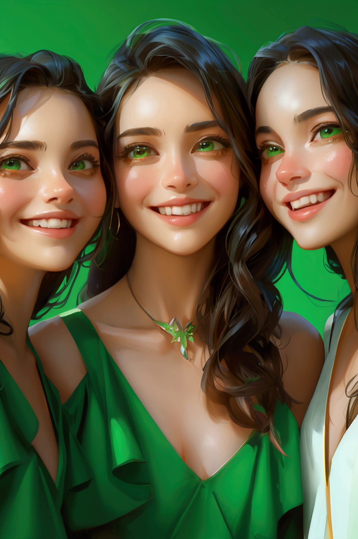 people buy crypto in low, holding then sell on high rate, happy faces girls, proudy girl, wearing green dress, 