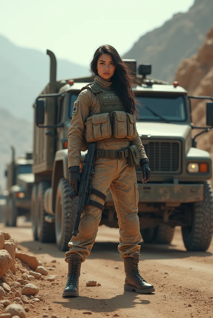 Alafed truck with gun on back, Afghan fighters, French special forces, heavily armed, Taliban, Kurdish soldiers, heavily armored, military vehicle, military weapons, military equipment, truck, camouflage, special forces security, modern military equipment, carrying rifle, gun mounted on shoulder, gun posing in front of truck A female soldier, ((masterpiece, highest quality, Highest image quality, High resolution, photorealistic, Raw photo, 8K)), ((Extremely detailed CG unified 8k wallpaper)), (huge stunning goddess shot, very hot and sexy, jaw-dropping beauty, perfect proportions, beautiful body, slim body beauty:1.4),  and more realistic 