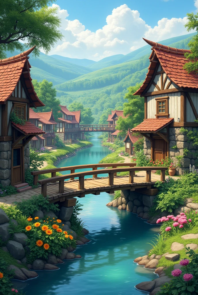 A village lies beside a flowing stream.Over the stream is a narrow wooden bridge, wide enough for only one person to cross at a time.