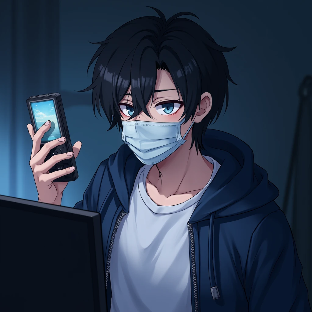One person,Handsome,Black Hair, blue eyes, White T-shirt,Navy blue jacket,smartphone,computer,mask,Anime Style,An illustration,Drooping eyes,Illness,night,Streamer asymmetrical hairstyle, seems kind,Confused eyes,mask