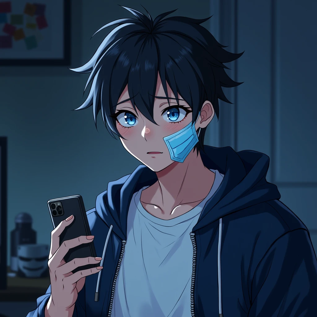 One person,Handsome,Black Hair, blue eyes, White T-shirt,Navy blue jacket,smartphone,computer,mask,Anime Style,An illustration,Drooping eyes,Illness,night,Streamer asymmetrical hairstyle, seems kind,Confused eyes,mask