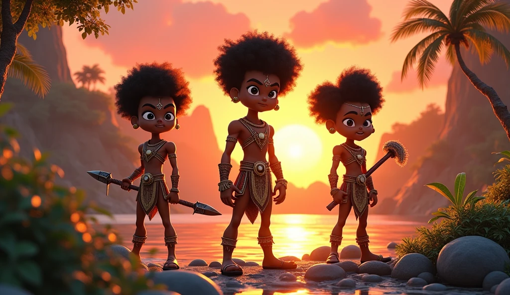 Generate me an image of three 3d cartoon afro warrior characters by a river