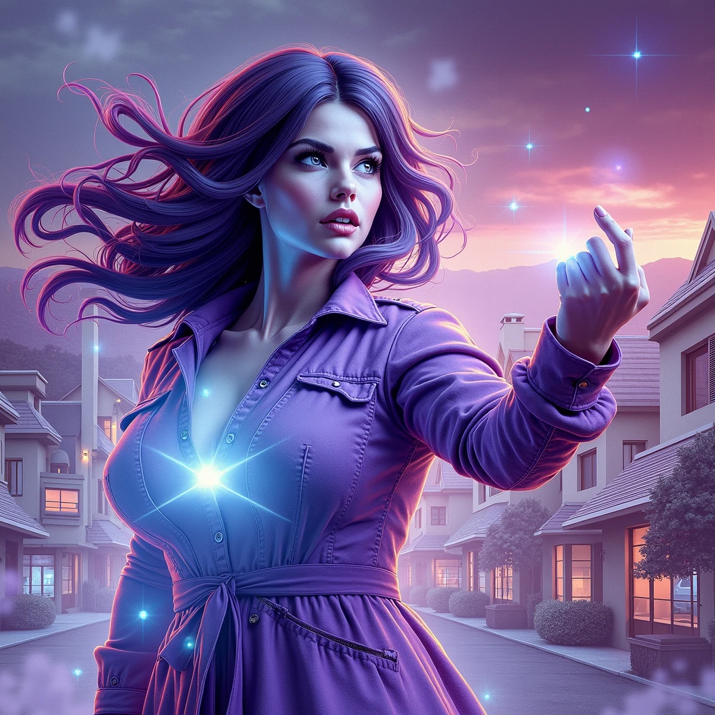   a young lady,displaying her own power. ((changing, knowledge, defiance, plotting, foreseeing)),((violet,blue,purple)),(( Full figure wiew)). ((Three quarter wiew)).((fractal)),((deep wiew)),modern suburbs scenario background,photographic,ultra high resolution,hyperdetailed, masterpiece, 3d modelling, digital art.