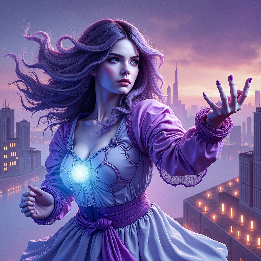 a young lady,displaying her own power. ((changing, knowledge, defiance, plotting, foreseeing)),((violet,blue,purple)),(( Full figure wiew)). ((Three quarter wiew)).((fractal)),((deep wiew)),modern suburbs scenario background,photographic,ultra high resolution,hyperdetailed, masterpiece, 3d modelling, digital art.