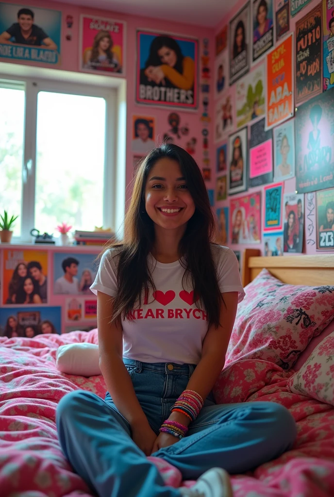 26 year old Hispanic curvy woman with long straight in a room with a wall with 100 posters of Jonas brothers a Disney boy band an album cover by nick jonas , featured on tumblr, pop art, in her room, sitting happy in a Jonas brothers blanket, she is in her room,  a fan girl teenage bedroom, in my bedroom, teenager hangout spot, posing in a bedroom shoving her 50 posters while posing in the same bed, she is wearing a t-shirt that says I love Jonas brothers, posters in the wall of a boy band,  She has a los of colorful bracelets I love Jonas brothers and nick jonas. JONAS BROTHERS, NICK JONAS JOE JONAS KEVIN JONAS. FAN GIRL happy 50 posters on a wall of a boy band 