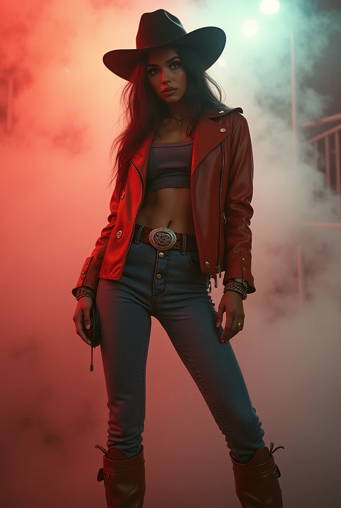 (plano general, full body best quality, 4k, 8k, High resolution, masterpiece: 1.2), ultra detailed, (realist, photorealist, photorealist: 1.37), One girl in the middle of a thick fog: 1.4, hip-hop style suit, by the wide, cowgirl pose, looking at the viewer, Leaning forward, detailed eyes, detailed lips, extremely detailed face, long eyelashes, dynamic pose, showy, vibrant colors, warm lighting