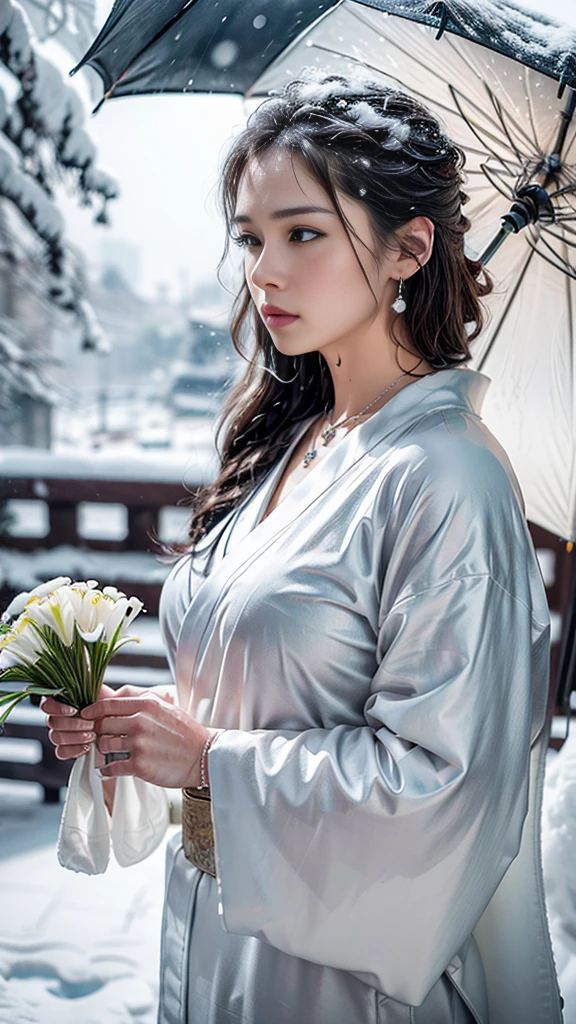 (RAW shooting, Photoreal:1.5, 8K, highest quality, masterpiece, ultra high resolution), ((((heavy snow, Blizzard)))), Highly detailed skin and facial textures:1.3, perfect dynamic composition:1.2, (In front of a shrine at night in a modern city, expression of sadness:0.9, Tears are flowing:0.9, cry with a broken heart:0.9), Slim office lady wet in the rain:1.3, cowboy shot, Fair skin:1.2, sexy beauty:1.1, perfect style:1.2, beautiful and aesthetic:1.1, very beautiful face:1.2, water droplets on the skin, (rain drips all over my body:1.2, wet body:1.2, wet hair:1.3), (Professional kimono dressing:1.1, Holding a bouquet of wet lilies:1.2, Wearing a wet silver kimono correctly:1.3), (Medium chest, Bra is transparent, Chest gap), (Eyes that feel beautiful eros:0.9, Too erotic:0.9, Bewitching:0.9), necklace, earrings, bracelet, wedding ring, Highly detailed hand and finger expressions