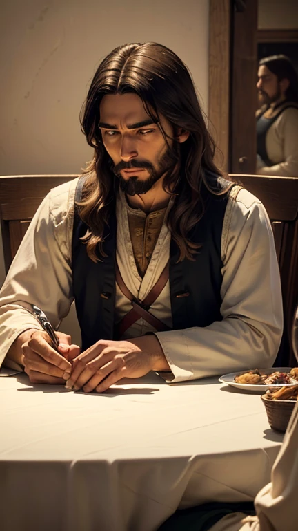 Jesus in my house , details Jesus sitting at the table in period costume having dinner with a medium-sized family that includes sons and daughters, father and mother and grandparents, characteristics of the brown family that intertwine the Brazilian mixture of races, the family&#39;s clothes must be from the present moment only Jesus in period clothes , Jesus seated facing everyone and everyone seated around him at a large table, animation style background