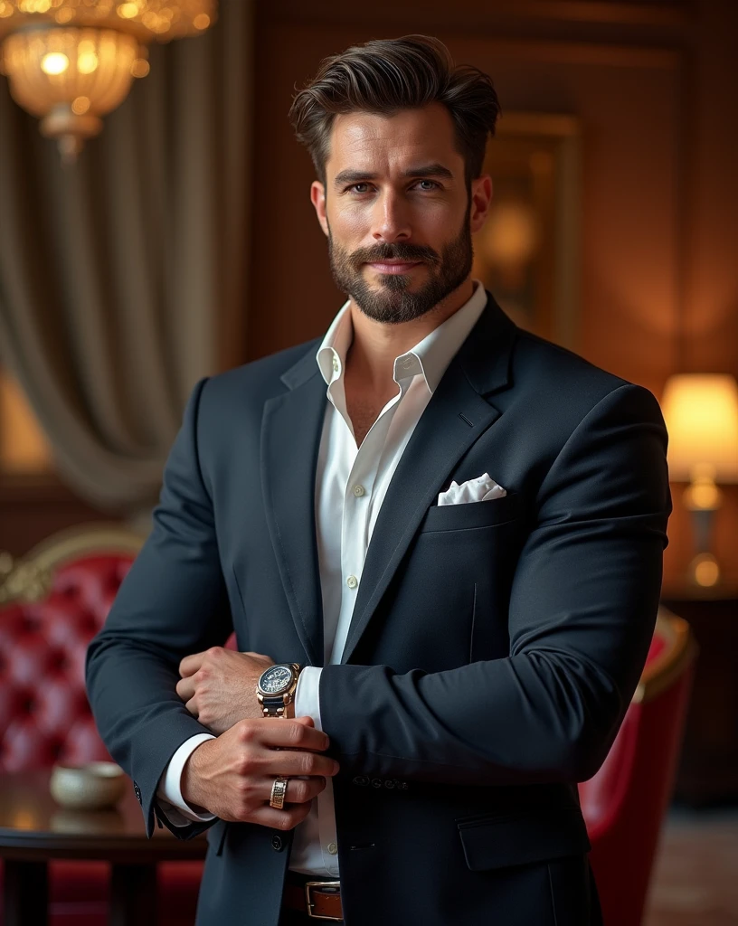 I want to create a man who is your healthy wealthy and financially powerful strong  how is look at age 30 took uploaded image face and recreate add luxurious 