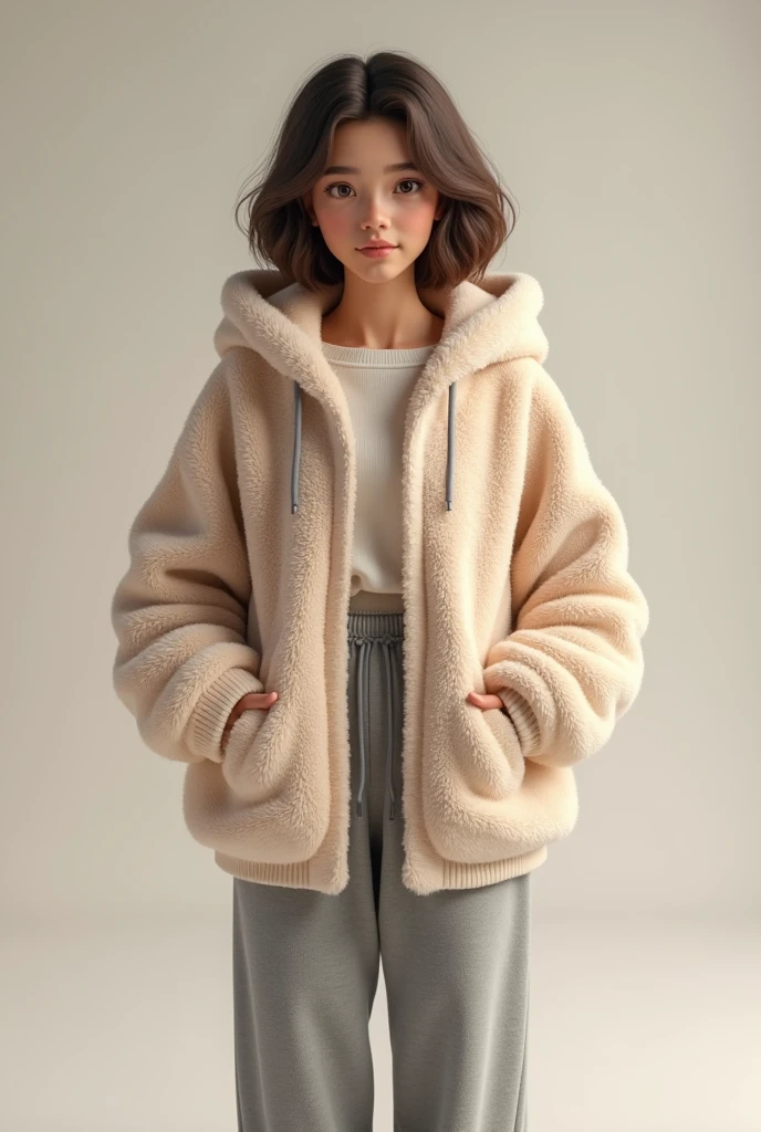 young woman in fluffy fleece jacket and in grey sweatpants