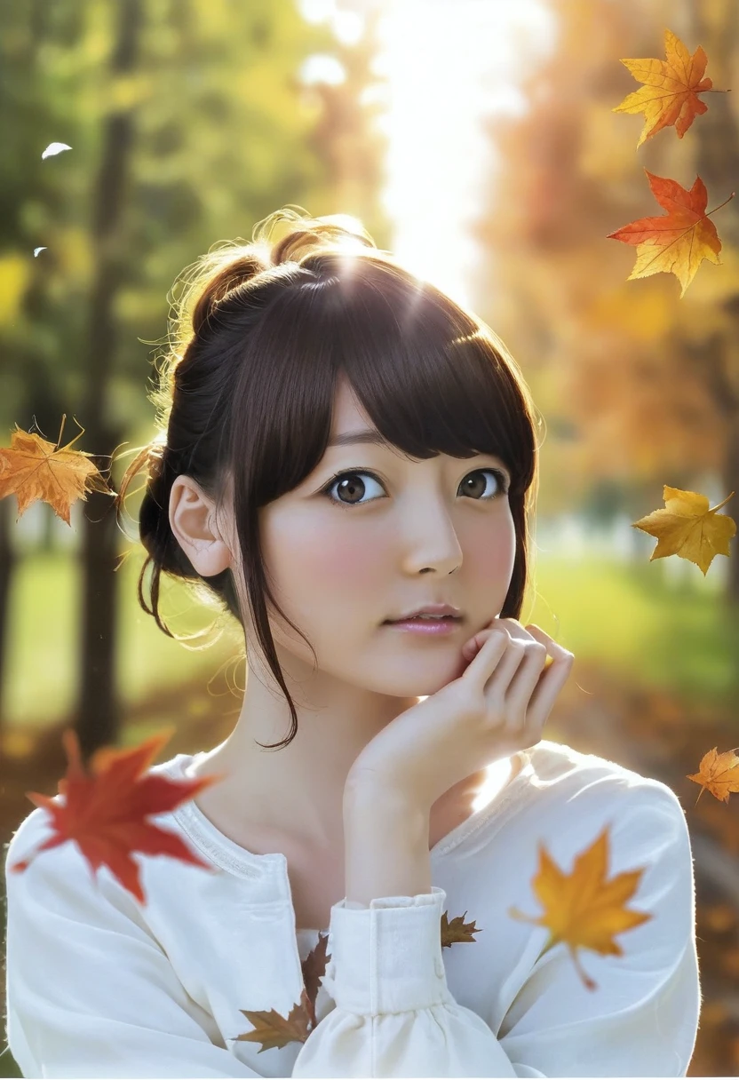 score_9, score_8_superior, score_7_superior, score_6_superior, 森の岩のsuperiorに座る花澤香菜, autumn, sunlight, Tied Hair, Touching your face, Album cover,