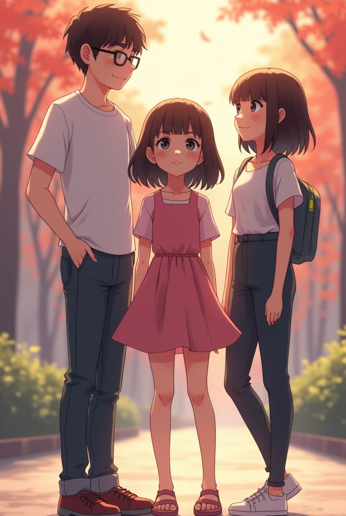 A 5 foot 6 inch tall beautiful girl is with a boy with wearing glass. Another 5 feet 3 inch girl is with them the boy is 5 feet 5 inch tall.