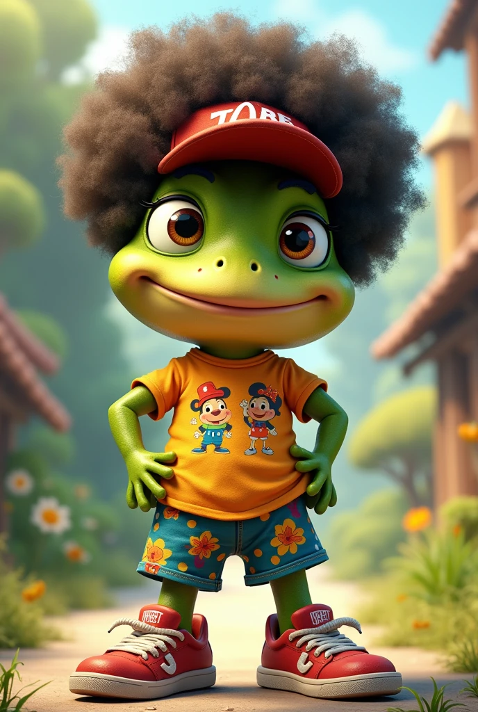 Cartoon-type humanoid afro toad , wearing cap, t - shirt, Disney style shorts and sneakers
