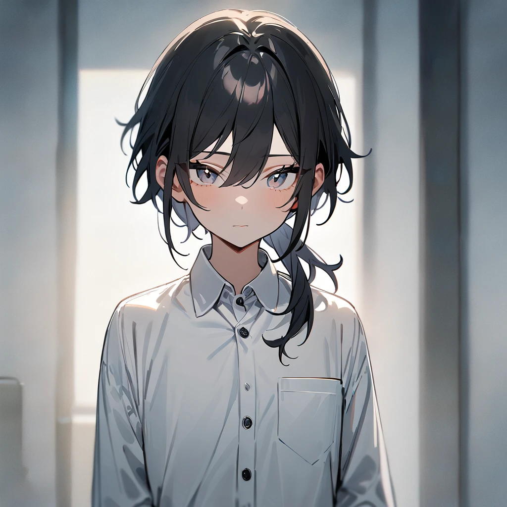 1girl,Solo, Androgynous,blackhair,masterpiece,Shiny hair,White button collared_shirt,front View