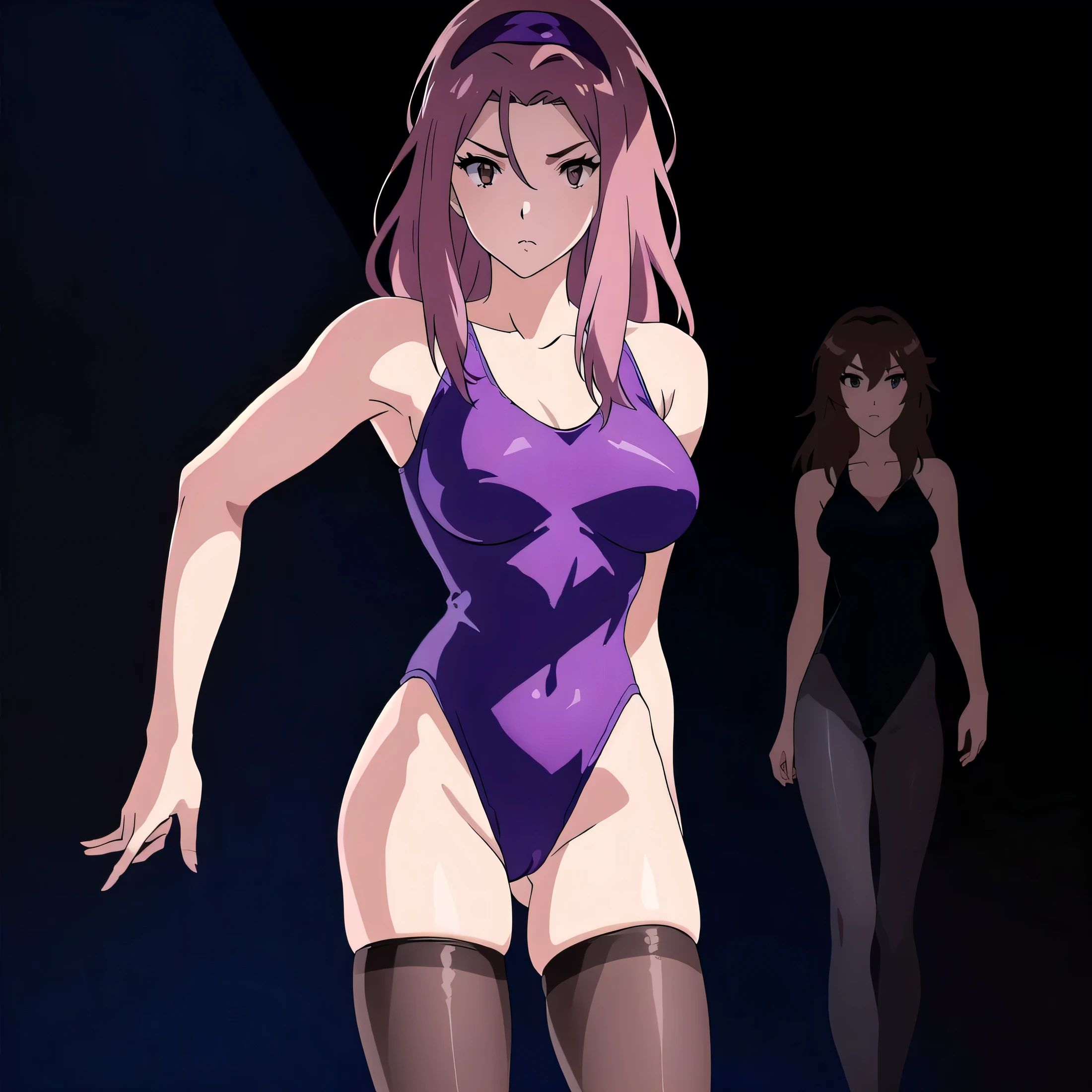 1woman, Close-up of a woman with long purple hair, Brown eyed woman, solo, Big Breasts, had very large breasts, Made by Anime Artist Studio, Boobs, clothing:Purple leotard, A woman is standing, leotard with an purple, Anime Style, Muscular Woman, feminine and muscular, Skin-tight leotards, tall, High school girls, Adult sex appeal, Wore pantyhose, Anime dick!!!!, Skin tight pantyhose, leotard top with an tank top, leotard bottom with an high leg,pantyhose with an brown, Bare shoulders, Bare Arms, Leotard and pantyhose only, Cowboy Shot, looking at viewer, Female focus,