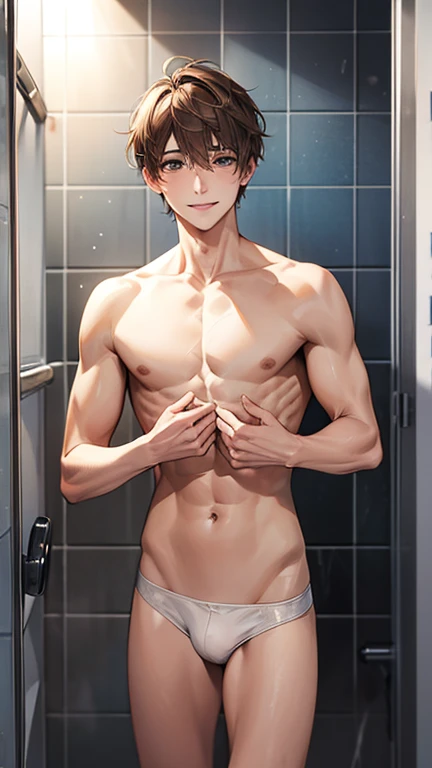 Highest quality、Realistic、zoom、man、cute、Grey Eyes、Light brown hair、short hair、Upper body naked、White briefs、thin、smile、、shower room、Cowboy Shot