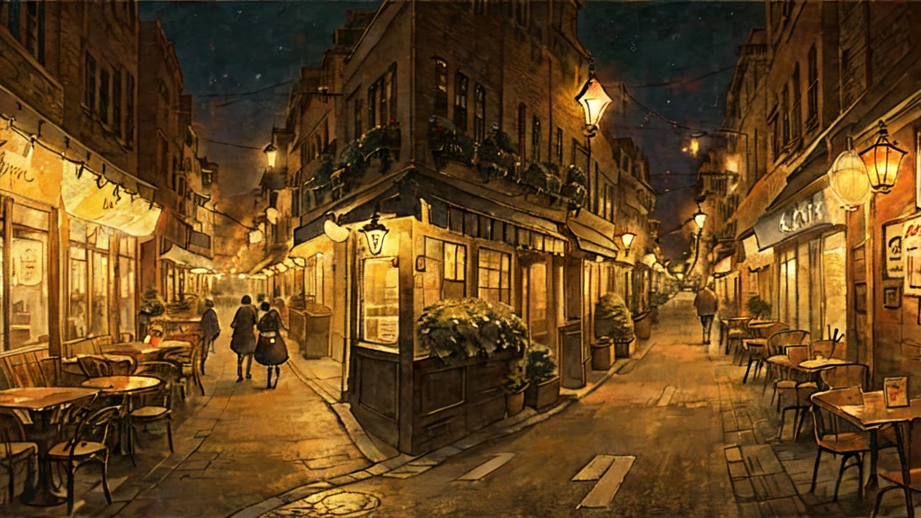With a cafe in the background、Time: Night、The street lamps are lit、Stylish atmosphere、Emotional